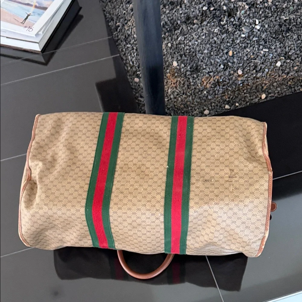 Gucci Beige Monogram Duffel with Green & Red Web Stripe. As It!